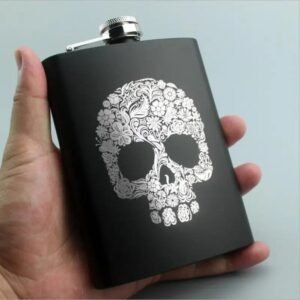 flasque alcool noir mat elegante tete de mort florale alcool 302 1